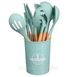 Силіконовий кухонний набір приладдя Kitchen & Dining 12 предметів (дерево+силікон) бірюзовий - мініатюра 4