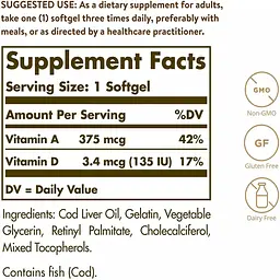 Вітаміни A і D Solgar Cod Liver Oil & Vitamins A & D з печінки норвезької тріски 100 капсул - мініатюра 3