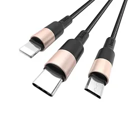 Кабель HOCO X26 USB to iP+Type-C+Micro 2A, 1m, nylon, aluminum connectors Чорний+Золотистий - мініатюра 3