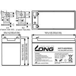 Акумуляторна батарея для ДБЖ Long AGM VRLA 12 V / 7 А*ч (WP7-12(28W)) - мініатюра 2