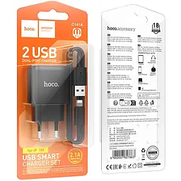 МЗП Hoco C141A Smart 2.1A (2USB-A) + кабель USB to Lightning Black - мініатюра 5