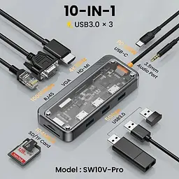 USB type C HUB 10 in 1 PD100W 4K 30 Гц RJ45 USB 3.0 10 Гб/с - мініатюра 4