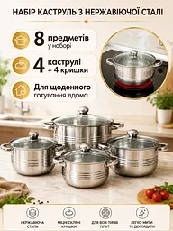 Набір каструль 8 предметів з нержавіючої сталі 16/18/20/24 см зі скляними кришками (49675918) - мініатюра 2