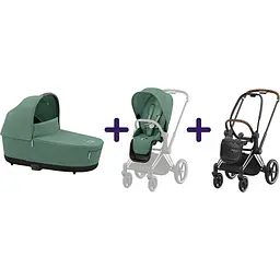 Люлька Cybex Priam Lux Leaf Green + Текстиль для прогулянкового блоку Cybex Priam Leaf Green + Шасі Cybex Priam з каркасом LS RBA Chrome Brown