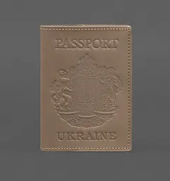 Шкіряна обкладинка для паспорта з українським гербом світло-бежева
