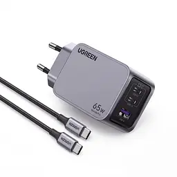 Мережевий зарядний пристрій UGREEN Nexode Pro X755 до 65 Вт сумарно 2 USB-C та 1 USB-A  PD 3.0 PPS QC 4.0+ з кабелем USB-C на USB-C 1 м 100 Вт (25871)