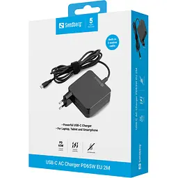 Зарядний пристрій 1xUSB 65W (USB-C) Gan, built in cable 2m, чорний Sandberg - мініатюра 3
