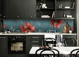 Вініловий кухонний фартух Великі квіти Орнамент наклейка ПВХ написи вензелі Синій Happy Pocket Z181500 - мініатюра 3