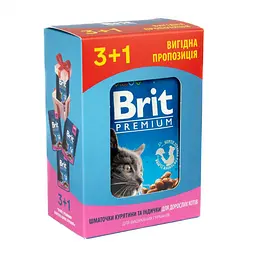 Набір паучів \"3+1\" для котів Brit Premium Cat Pouch Chicken & Turkey з куркою та індичкою, 4 × 100 г