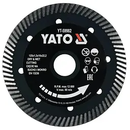 Диск відрізний алмазний по гресу кераміці TURBO YATO Ø=125x1.3x10x22.2 мм (YT-59982)