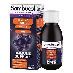 Сік чорної бузини, вітамін C і цинк Sambucol Black Elderberry Immuno Forte + Vitamin C + Zinc, 120 мл для підтримки імунної системи