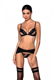 Комплект з еко-шкіри: трусики Passion Miley Set, бюстгальтер, пояс для панчіх, S/M, чорний - мініатюра 2