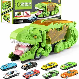 Автовоз трейлер динозавр трансформер Dino T-Rex 3в1 8 машинок зелений