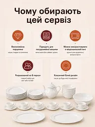 Столовий сервіз порцеляновий 34 предмети на 6 персон з тарілками та чайником Білий (37261989) - мініатюра 7