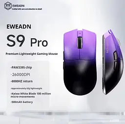 Ігрова бездротова мишка EWEADN S9 Pro / Три режими підключення / Сенсор PAW3395 / 26000 DPI/ Purple - мініатюра 2