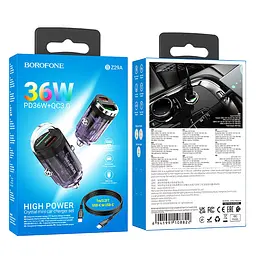 АЗП Borofone BZ29A Talented PD36W+QC3.0 (1C1A) + Type-C to Type-C Transparent purple - мініатюра 4