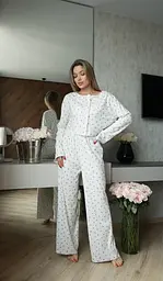 Пижама женская с вишнями комплект кофта и штаны хлопковая Белая M - миниатюра 3