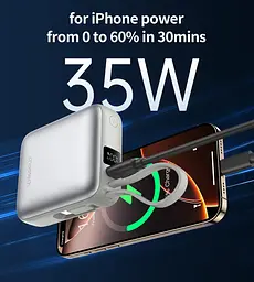 УМБ Choetech 10000mAh 35W PD3.0 USB-C In/Out, LED Display, with buid-in type-C cabel сіра - мініатюра 7
