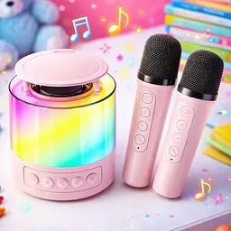 Портативна блютуз-колонка караоке Smart portable speaker K-19 5W, Рожевий, музична колонка з мікрофонами