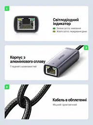 Мережевий адаптер Ethernet UGREEN CM483 зовнішня мережева карта з USB-C 3.1 Gen 1 на порт RJ45 до 1000 Мбіт/с для Windows macOS Linux та iPadOS із підтримкою Switch без встановлення драйверів у Windows 11/10/8.1/8 macOS та iPadOS з індикаторами живлення та передавання даних з вбудованим кабелем в обплетенні на чипі AX88179A сіро-чорний (40322) - мініатюра 2