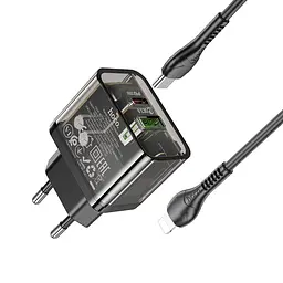 Зарядний пристрій Hoco N34 USB/ Type-C QC PD 20W прозоро-чорний + кабель Type-C to Lightning - мініатюра 3