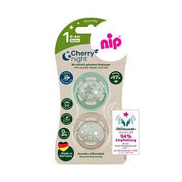 Пустушка латексна кругла для дітей 0–6 місяців NIP Cherry Night арт. 91034-51 2 шт. зелений/бежевий