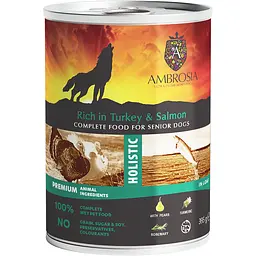 Вологий корм для собак похилого віку Ambrosia Wet Food шматочки в паштеті індичка та лосось 395 г