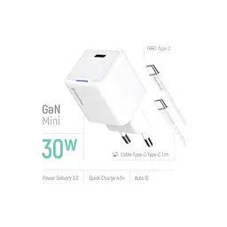 Зарядний пристрій ColorWay GaN Mini 30 Вт порт PD PPS USB-C білий + кабель USB-C (CW-CHS054PDC-WT)