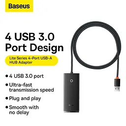 Концентратор - USB-хаб Baseus Lite Series 4-Port USB-A HUB Adapter (USB-A to USB 3.0*4) 2 метри чорний WKQX030201 - мініатюра 7