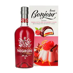 Набір: Лікер Bottega Negroni 26% 0.7 л + Десерт Konti Bonjour зі смаком Паннакотта та малина 232 г