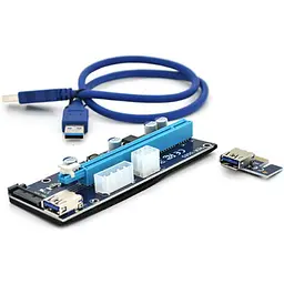 Riser PCI-EX, x1=gt;x16, 4-pin / 6-pin / Sata, USB 3.0 AM-AM 0,6 м (червоний), конденсатори UER, Пакет