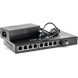 Комутатор POE із вбудованим SFP (B) 48V-57V, 8 портів PoE + 1 порт Ethernet FX 155 Мбіт/с (UP-Link) SC/FC/ST 1550nm, 802.3af, Black, БП у комплекті