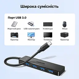 USB-хаб UGREEN CM219 концентратор вхід USB-C та 4 порти USB-A USB 3.2 Gen 1 теоретично до 5 Гбіт/с для Windows macOS Linux і Chrome OS Plug and Play для PS5 із сумісними з консоллю USB-аксесуарами зі світлодіодним індикатором вбудований кабель 0,15 м чорний (35461) - мініатюра 8