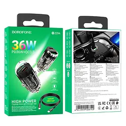 АЗП Borofone BZ29A Talented PD36W+QC3.0 (1C1A) + Type-C to Lightning Transparent black - мініатюра 6