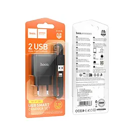 Мережевий зарядний пристрій з кабелем Hoco C141A Smart dual-port charger set(iP) чорний - мініатюра 2