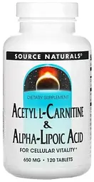 Ацетил карнітин + альфа-ліпоєва кислота Source Natural Acetyl L-Carnitine & Alpha-Lipoic Acid 650 мг 120 таб