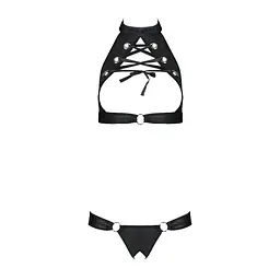 Комплект із екошкіри Passion MALWIA SET with Open Bra 6XL/7XL black, топ та трусики з люверсами - мініатюра 3