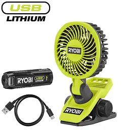 Вентилятор акумуляторний кліпса USB Lithium RCF4-120G 4В акб 1х2А·год 3800об/хв обертання 325° Ryobi teh0017047 - мініатюра 2