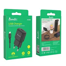 Мережевий зарядний пристрій Avantis A480 Orion (1USB/2.1A) + USB кабель Lightning- чорний - мініатюра 2