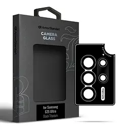 Захисне скло для камери Samsung Galaxy S25 Ultra 5G, Supreme BI, чорний колір, з рамкою, глянцеве скло для захисту лінз, протиударне, прозоре, з клейовим шаром по контуру, не впливає на якість фото, ArmorStandart (ARM83222)