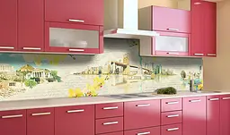 Вініловий кухонний фартух Місто та Жовті Орхідеї наклейка для кухні Абстракція Бежевий Happy Pocket Z181640 - мініатюра 2