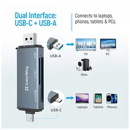 Зчитувач флеш-карт ColorWay USB 2.0/USB-C to CF/SD/MicroSD (CW-CR-01) - мініатюра 5