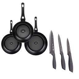Набір сковорідок Krauff Hamburg 20 см, 26 см, 28 см та набір ножів Smart Chef + ПОДАРУНОК: Точило для ножів та кухонна дошка