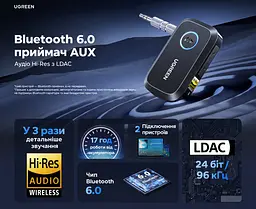 Бездротовий аудіоприймач UGREEN BT509 Bluetooth 6.0 з виходом AUX 3,5 мм LDAC 24 біт/96 кГц за підтримки LDAC джерелом з мікрофоном для дзвінків до 17 год роботи підключення 2 пристроїв із відтворенням з одного за раз регулювання гучності та перемикання треків керування відтворенням і викликами автоматичне повторне підключення заряджання через USB-C для автомагнітол і колонок з AUX чорний із синім кільцем (55546) - мініатюра 4