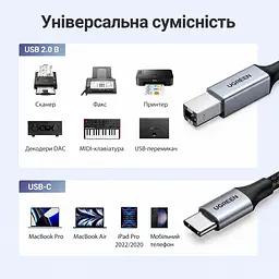 Кабель для принтера UGREEN US370 USB-C - USB-B 2.0 2 м чорний (80807) - мініатюра 6