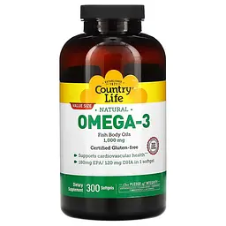 Жирні кислоти Country Life Omega-3 1000 mg Natural, 300 капсул