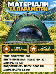 Намет-трансформер туристичний саморозкладний автоматичний 190х190х140 см, Місткий намет автомат для кемпінгу, Зелена (37261525) - мініатюра 6
