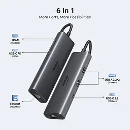 Концентратор Ugreen USB-C to HDMI + 2xUSB 3.2 + USB-C 3.2 + RJ45 + PD CM512 gray (45000) - мініатюра 2