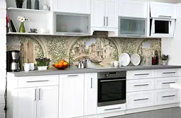 Вініловий кухонний фартух Вінтажні Арки наклейка для кухні ПВХ Місто Бежеве 60х300 см Happy Pocket Z181685