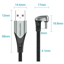Кабель USB 2.0 AM-Type-C M, 1.5м 66W aluminum alloy, 180° U-Shaped Vention - мініатюра 2